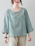 Female Ethnic Style Ginkgo Leaf Embroideried 3/4 Sleeve Shirt