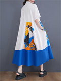 Chic Contrast Color Abstract Print Lapel Dress for Lady