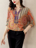 Summer Bohemian Style V Neck Print Vacation Shirt for Women