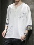 Men's Retro White Crane Embroidery V Neck 3/4 Sleeve Shirt