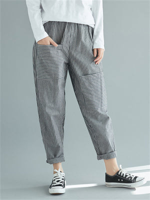 Female Asymmetrical Pockets Elastic Waist Striped Pants