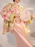 Elegant Vintage Chinese Style Floral Printed Real Silk Shirt