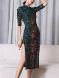 Women's Classy Stand Collar Half Sleeve High Split Jacquard Qipao