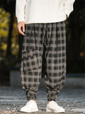 Men's Plaid Corduroy Patch Pockets Drawstring Casual Pants