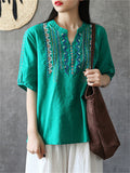 Female Ethnic Style Cotton Linen Short Sleeve V-neck Shirts