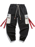 Crane Embroidery Red Cloth Multi-Pocket Pants for Men