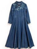 Elegant Blue Denim Flower Embroidery Women Pleated Dress