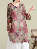 Retro Casual Flower Print Half Sleeve V Neck Shirt for Lady