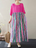 Women's Stylish Colorful Striped Patchwork Rose Red Dress