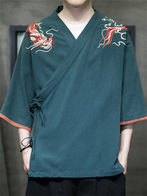 Summer Men's Contrast Color Dragon Embroidered Shirts