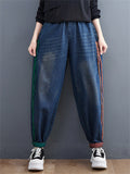 Lady Contrast Color Slim Distressed Denim Harem Pants