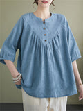 Summer Cotton Linen Half Sleeve Pleated Shirt for Women