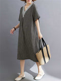 Women's Cotton Linen Lace V-Neck A-Line Plaid Dress