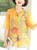 Peony Butterfly Print Plus Size Chiffon Shirt for Lady