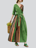 Forest Green Leisure V Neck Side Stripe Midi Dress for Women