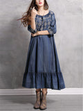 Women's Diamond Embroidery Half Sleeve Ruffle Blue Denim Dress