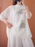 Chinese Style Peach Blossom Fan Embroidery Female Half Sleeve Shirt