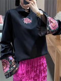 Lady Floral Embroidery Patchwork Flared Sleeve Shirt