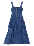 Women's Stylish Blue Denim A-Line Dungaree Dress