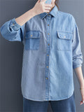 Lady Button Up Stripe Splicing Denim Shirts