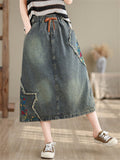 Ladies Floral Embroidered Lace-Up A-Line Denim Skirts