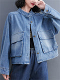 Women's Single Breasted Flap Pockets Denim Short Jacket