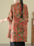 Ladies Country Style Red Flower Print Oversized Linen Shirt