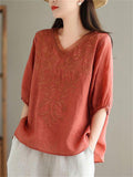 Female V-neck Short-sleeved Embroidered Shirt