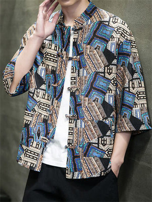 Men's Ethnic Style Print Stand Collar Knot Button Shirt