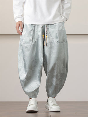 Male Loong Graphic Ankle-tied Ice Silk Lantern Pants