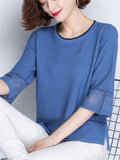 Women's Leisure Round Neck Hollow Out 3/4 Sleeve Shirt