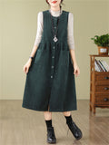 Women's Crew Neck Button Up Sleeveless Mid-Length Dress