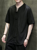 Men's V-neck Solid Jacquard Cotton Linen T-shirts