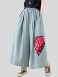 Ethnic Style Peony Patchwork Fashion Wide Leg Jeans for Women