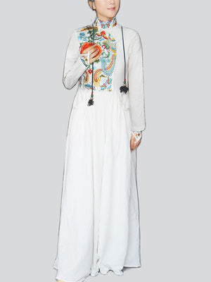 Female Cotton Linen Ethnic Style Embroidered Floral Dress