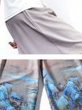 Men's Unique White Crane Landscape Print Wide-Leg Pants