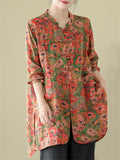 Ladies Country Style Red Flower Print Oversized Linen Shirt