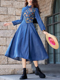 Female Ethnic Style Embroidery Floral Slim Denim Dress