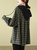 Women's Oversized Sport Button Up Plaid Hooded Jacket