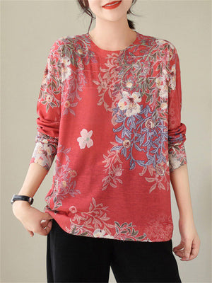 Lady Casual Floral Printing Long Sleeve Shirt