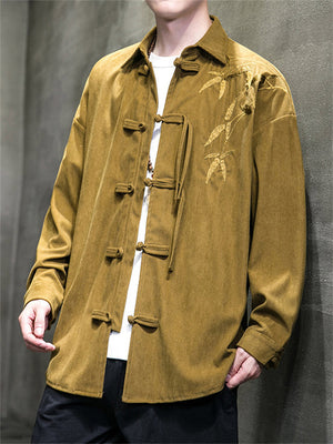 Bamboo Leaf Embroidery Tassel Button Men's Corduroy Jacket