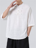 Men's Chinese Style Stand Collar Short Sleeve Linen Plaid Shirt