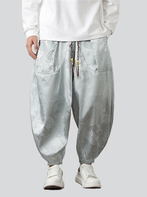 Male Loong Graphic Ankle-tied Ice Silk Lantern Pants