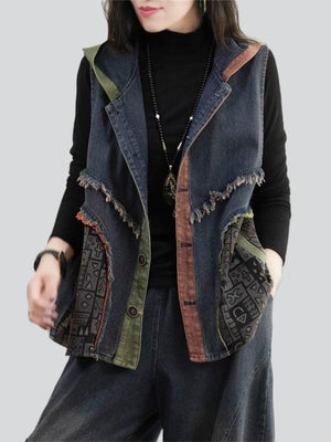 Women's Retro Patchwork Sleeveless Hooded Denim Jacket