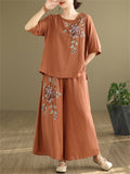 Female Ramie Embroidered Top + Wide Leg Pants Casual Two Piece Set