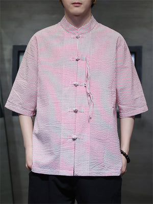 Traditional Chinese Clothing Male Knot Button Stripe Shirts