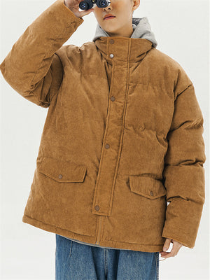 Male Solid Puffer Jackets Corduroy Cotton-padded Coats