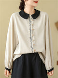 Lady Elegant Sweet Lantern Sleeve Contrast Color Shirt