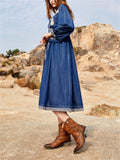 Women's Ethnic Style V Neck Puff Sleeve High-Rise Denim Dress