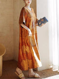 Summer Lotus Print V Neck Silk Wide Dress for Lady